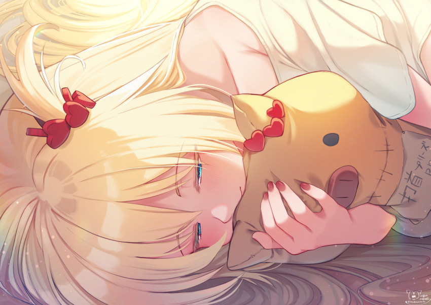 1girl akai_haato bangs blonde_hair blue_eyes blush commentary_request doll_hug eyebrows_visible_through_hair haaton_(akai_haato) hair_between_eyes hair_ornament half-closed_eyes hand_up heart heart_hair_ornament highres hololive long_hair lying magowasabi nail_polish on_side one_side_up red_nails shirt short_sleeves signature solo twitter_username upper_body virtual_youtuber white_shirt