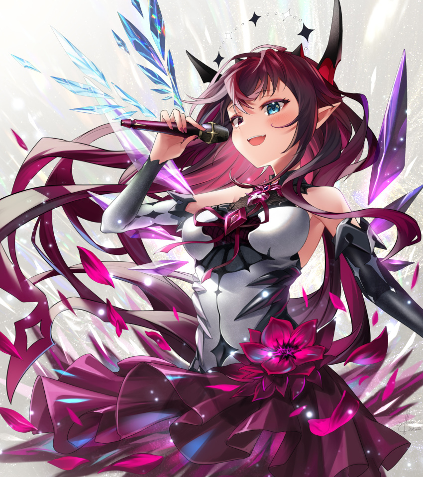 1girl :d bangs bare_shoulders blue_eyes blush breasts commentary cowboy_shot detached_sleeves detached_wings dress eyebrows_visible_through_hair floating_hair flower heterochromia highres holding holding_microphone hololive hololive_english irys_(hololive) kito_koruta long_hair long_sleeves medium_breasts microphone mismatched_sleeves nail_polish open_mouth petals pointy_ears red_eyes red_flower red_nails signature smile solo standing very_long_hair virtual_youtuber white_dress wings