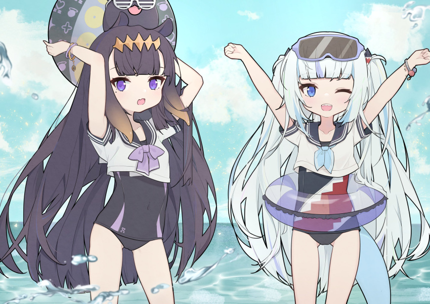 2girls arms_behind_head ball bangs beach beachball black_hair blue_bow blue_eyes blue_hair blunt_bangs bow bracelet competition_swimsuit cowboy_shot cp2980606 diamond_hairband dress eyebrows_visible_through_hair fish_tail flat_chest gawr_gura goggles goggles_on_head gradient_hair hair_ornament headpiece highres hololive hololive_english innertube jewelry long_hair looking_at_viewer mole mole_under_eye multicolored_hair multiple_girls ninomae_ina'nis one-piece_swimsuit one_eye_closed open_mouth orange_hair outstretched_arms purple_bow purple_hair sailor_collar sailor_dress sailor_shirt shark_girl shark_hair_ornament shark_tail shirt sidelocks silver_hair streaked_hair swimsuit tail tako_(ninomae_ina'nis) tentacle_hair transparent very_long_hair virtual_youtuber
