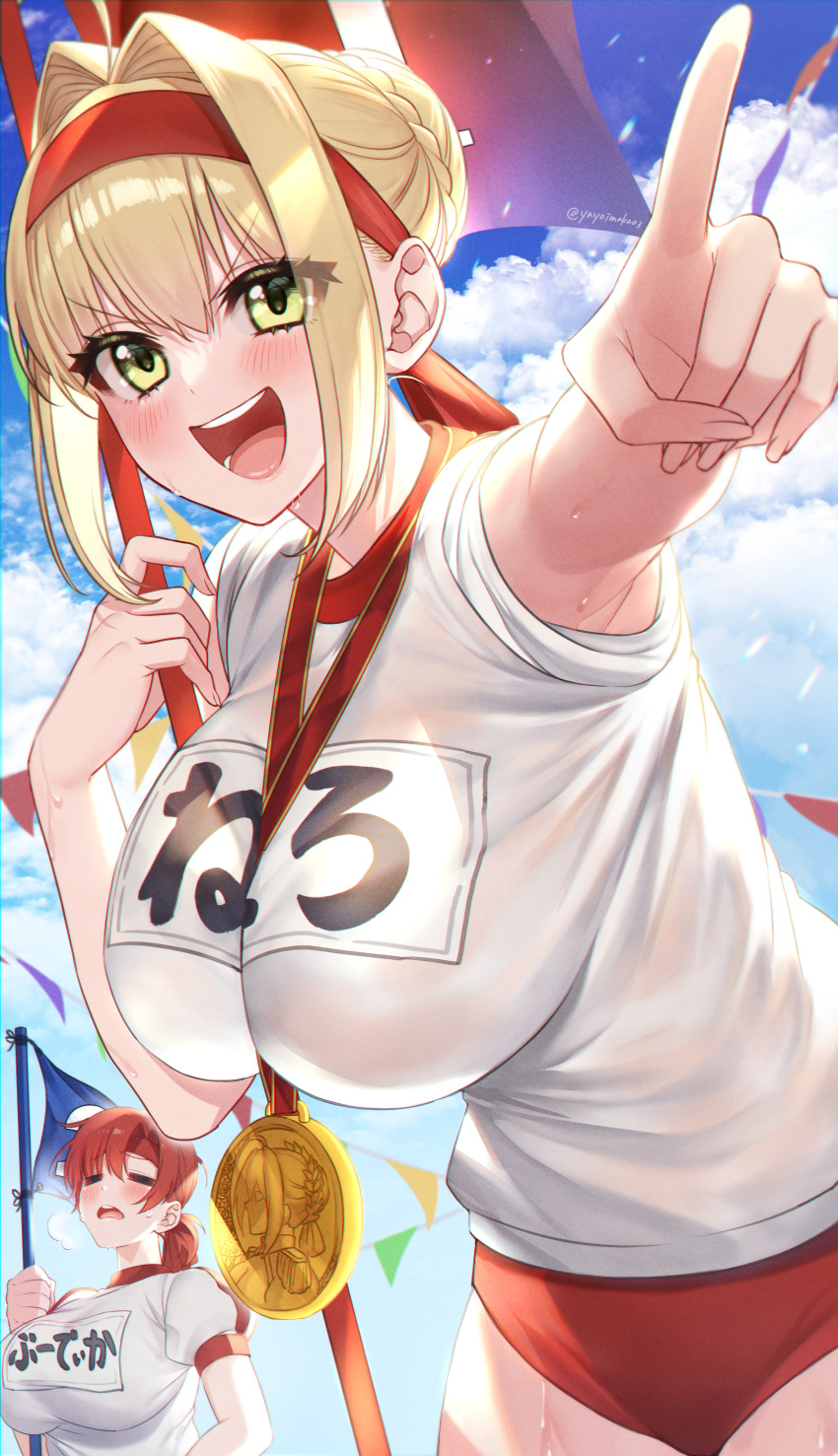 2girls absurdres ahoge armpits bangs blonde_hair blue_sky blush boudica_(fate) braid breasts buruma closed_eyes fate/extra fate/grand_order fate_(series) flag french_braid green_eyes gym_shirt hair_bun hair_intakes hair_ribbon highres large_breasts long_hair looking_at_viewer medal multiple_girls name_tag nero_claudius_(fate) nero_claudius_(fate)_(all) olympian_bloomers open_mouth pointing pointing_at_viewer red_buruma red_ribbon redhead ribbon shirt short_hair short_ponytail short_sleeves sky smile thighs white_shirt yayoi_maka
