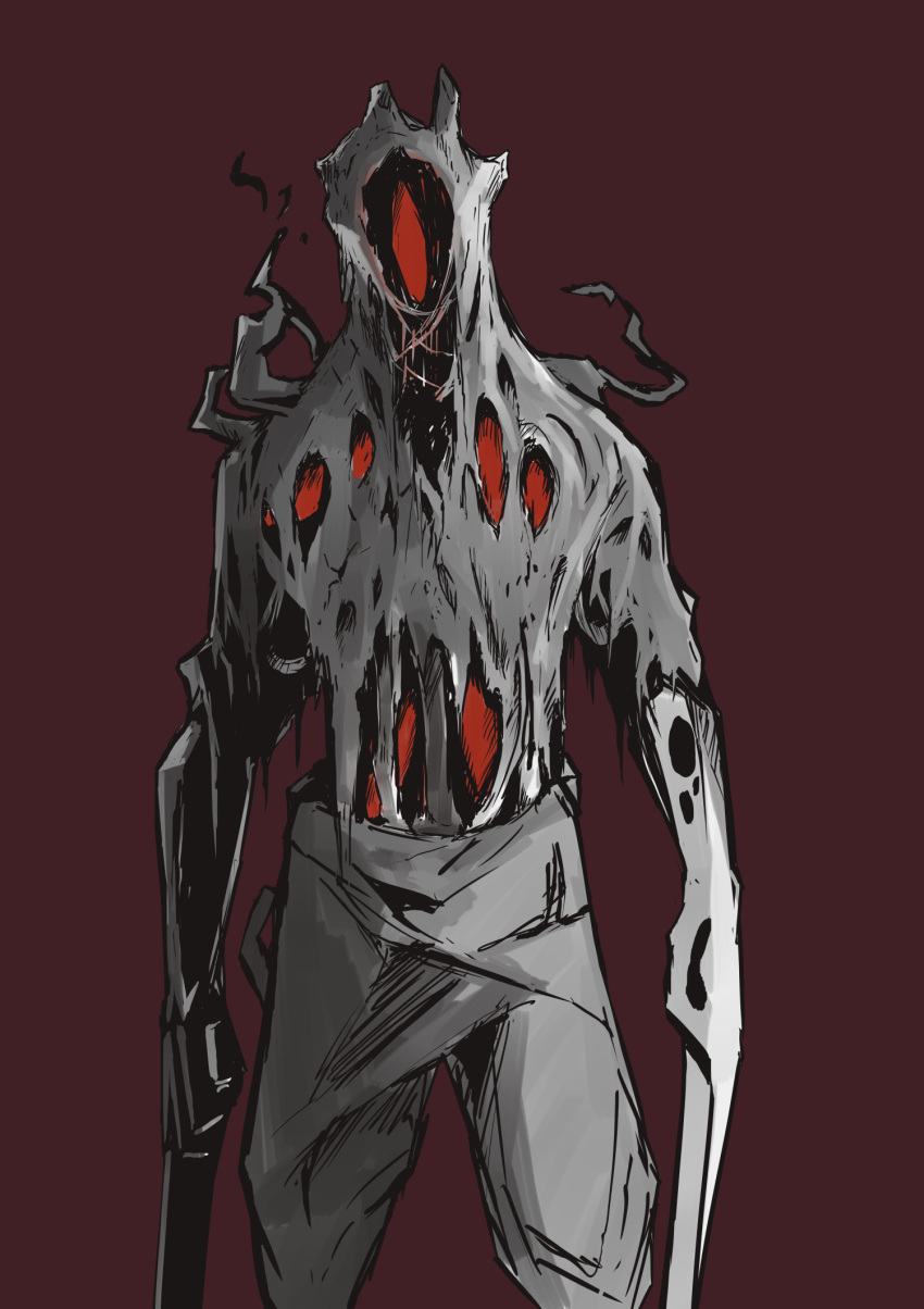 1other chauchautb_(kennysc) creature facing_viewer highres horror_(theme) long_sleeves original pants red_background red_eyes simple_background sketch solo standing weapon