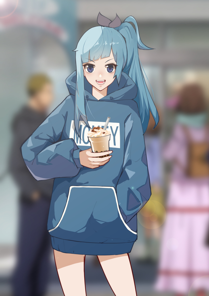 1boy 3girls absurdres bare_legs blue_eyes blue_hair blue_hoodie blurry blurry_background bow breasts chinese_commentary commentary_request cowboy_shot drink eyebrows_visible_through_hair hair_bow hand_in_pocket highres holding holding_drink hood hood_down hoodie jujutsu_kaisen long_hair long_sleeves looking_at_viewer milkshake miwa_kasumi moetora multiple_girls open_mouth ponytail purple_bow smile solo_focus tears v-shaped_eyebrows