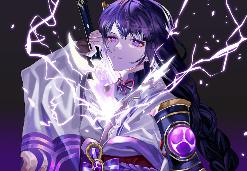 1girl armor bangs black_background braid breasts commentary electricity energy_sword english_commentary eyeliner genshin_impact gradient gradient_background hair_ornament highres holding holding_sword holding_weapon japanese_clothes katana large_breasts long_hair looking_at_viewer makeup mole mole_under_eye nugag purple_background purple_hair raiden_(genshin_impact) ribbon sheath shoulder_armor solo sword unsheathing violet_eyes vision_(genshin_impact) weapon wide_sleeves