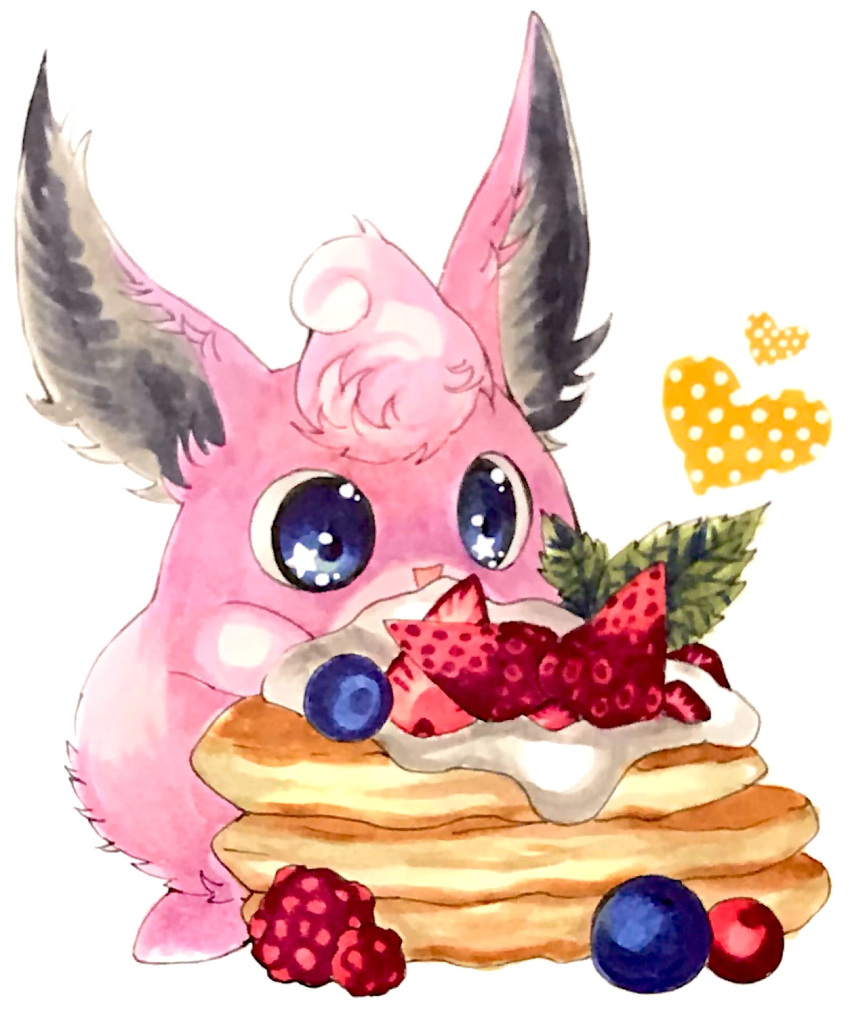 blue_eyes blueberry cherry commentary cream english_commentary fluffy food food_focus fruit gen_1_pokemon happy heart highres leaf marker_(medium) mint mofuo open_mouth oversized_food pancake pokemon pokemon_(creature) simple_background smile solo standing star_(symbol) star_in_eye strawberry symbol_in_eye traditional_media white_background wigglytuff