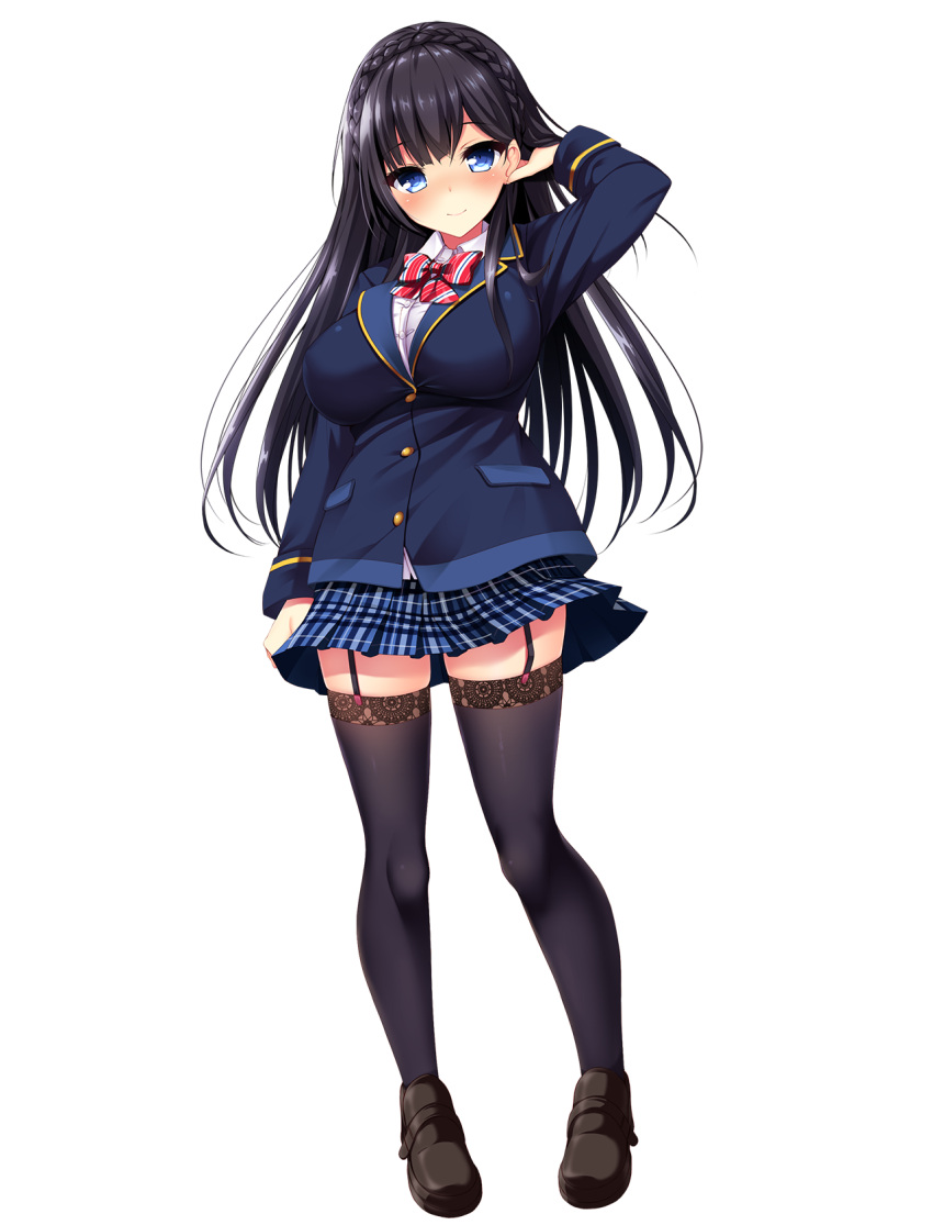 1girl bangs black_footwear black_hair black_legwear blazer blue_eyes blue_skirt blush braid french_braid full_body garter_straps hand_to_head highres jacket loafers long_hair long_sleeves looking_at_viewer mayonnaise_(ringo_gakuen) miniskirt official_art ootori_chikage photoshop_(medium) plaid plaid_skirt pleated_skirt real_eroge_situation!_2 shoes skirt smile solo tachi-e thigh-highs transparent_background zettai_ryouiki