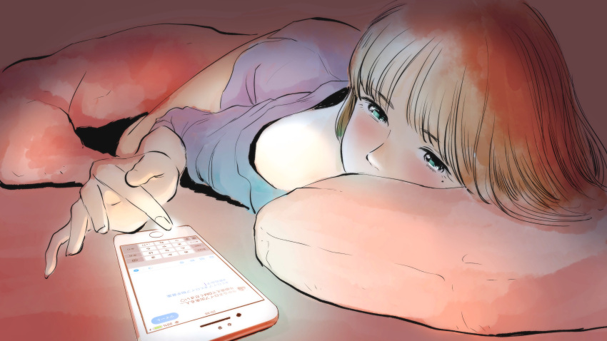 1girl absurdres aino_(acilealaulica) blush brown_hair cellphone face_in_pillow green_eyes highres long_hair lying mole mole_under_eye on_bed original phone phone_screen smartphone solo under_covers