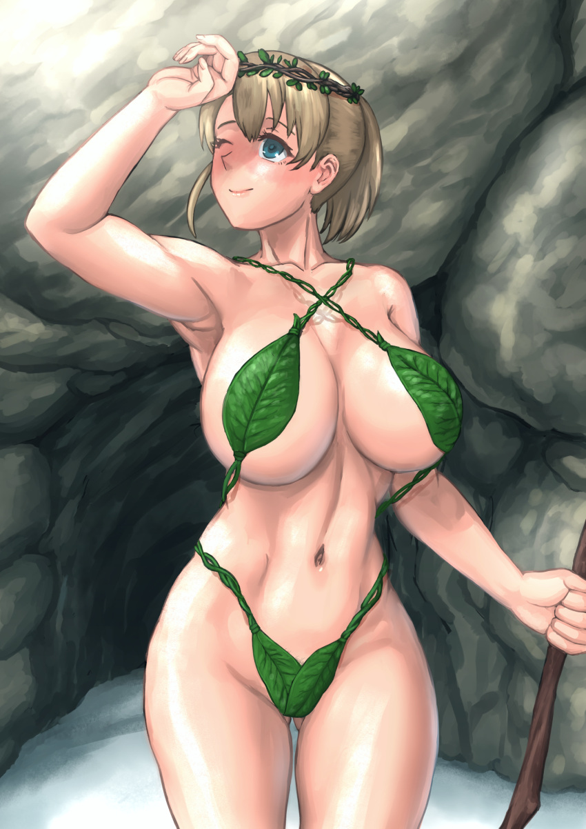 1girl alternate_costume bikini blue_eyes breasts cowboy_shot green_bikini highres intrepid_(kancolle) kantai_collection large_breasts leaf_bikini light_brown_hair mrdotd navel one_eye_closed ponytail short_hair solo standing swimsuit