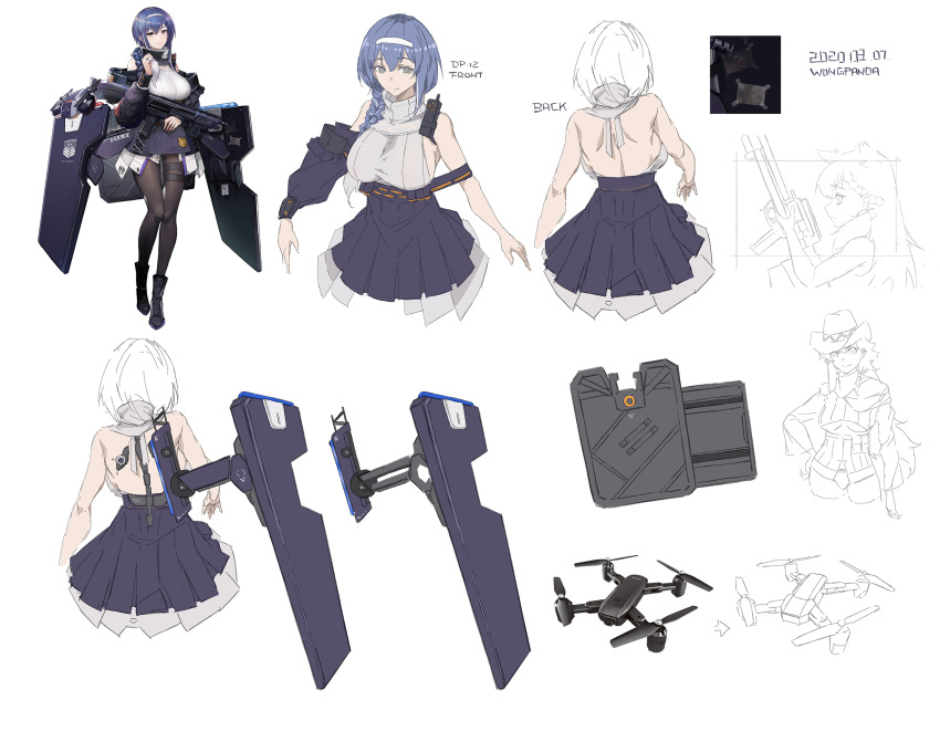 android blue_hair braid character_sheet concept_art dp-12_(girls_frontline) drone girls_frontline highres ksvk_(girls_frontline) long_hair multiple_views pandea_work sketch turnaround