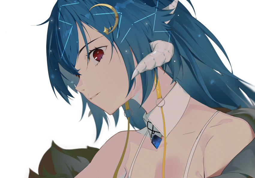 1girl blue_hair cloud9 collarbone crescent crescent_hair_ornament detached_collar hair_ornament head_tilt highres horns jacket kuroi_enpitsu long_hair looking_at_viewer off_shoulder parted_lips red_eyes solo vienna_(vtuber) virtual_youtuber white_background
