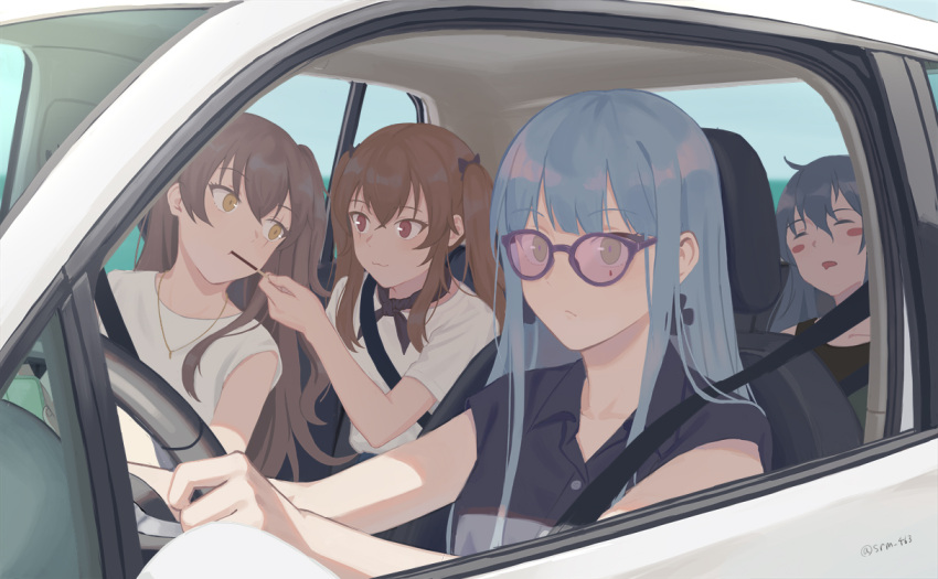 404_(girls_frontline) 4girls blue_hair blush_stickers brown_hair car driving eating feeding food g11_(girls_frontline) girls_frontline glasses ground_vehicle hk416_(girls_frontline) motor_vehicle multiple_girls pocky scar scar_across_eye siblings side_ponytail sisters sleeping srm463 twins twintails ump45_(girls_frontline) ump9_(girls_frontline)