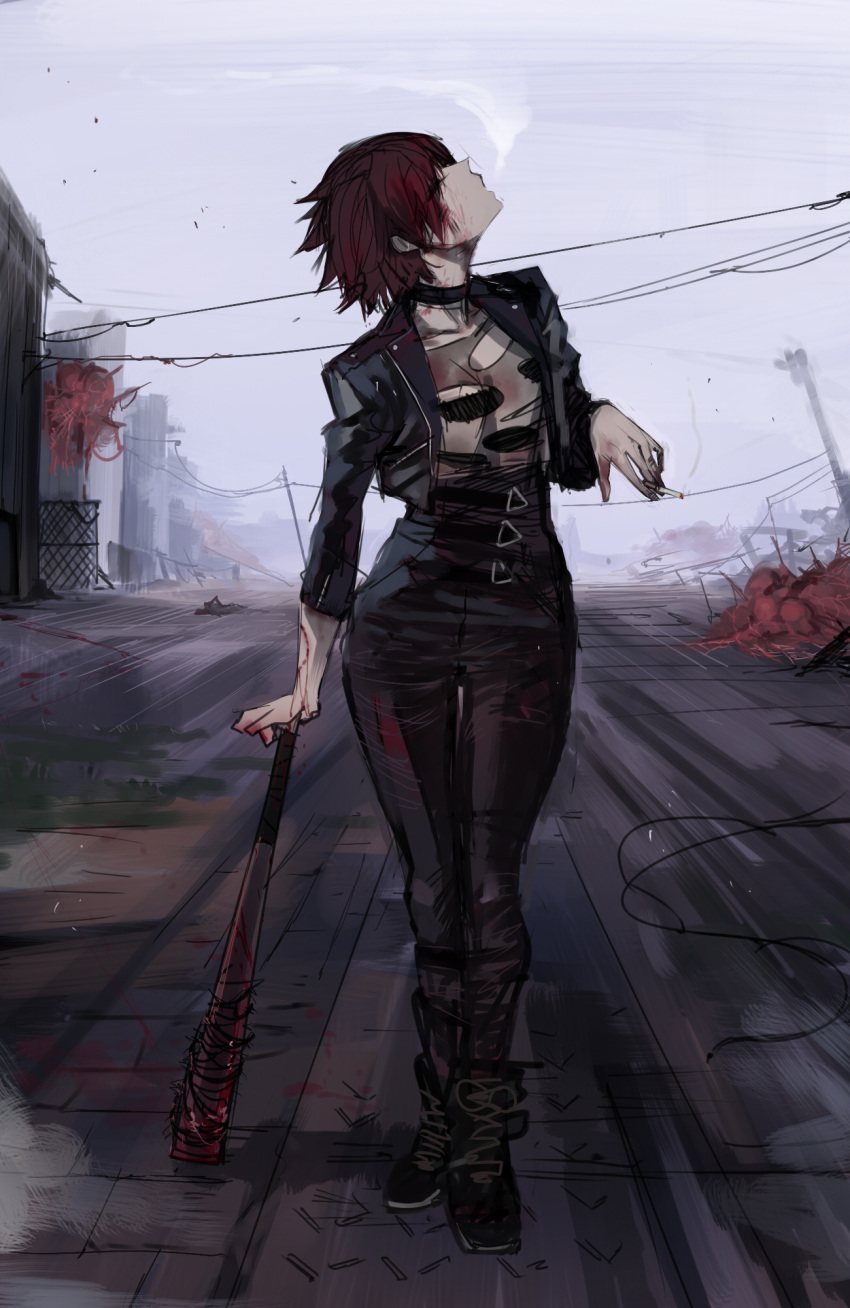 1girl ankle_boots arm_support bag baseball_bat black_jacket black_pants blood bloody_weapon boots cigarette copyright_request cropped_jacket grey_sky highres holding holding_bag holding_cigarette jacket open_clothes open_jacket outdoors pants ratatatat74 redhead road smoke smoking solo standing weapon