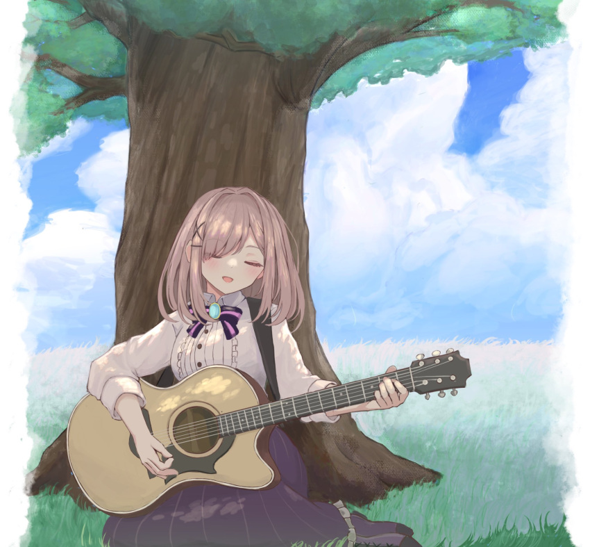 :3 acoustic_guitar blush bow brooch center_frills closed_eyes clouds frills grass guitar hair_ornament highres instrument jewelry konjiki_ginbe medium_hair music nijisanji no_shoes playing_instrument singing sitting skirt sky smile striped striped_bow striped_legwear striped_skirt suzuhara_lulu tree vertical-striped_legwear vertical_stripes virtual_youtuber x_hair_ornament yokozuwari