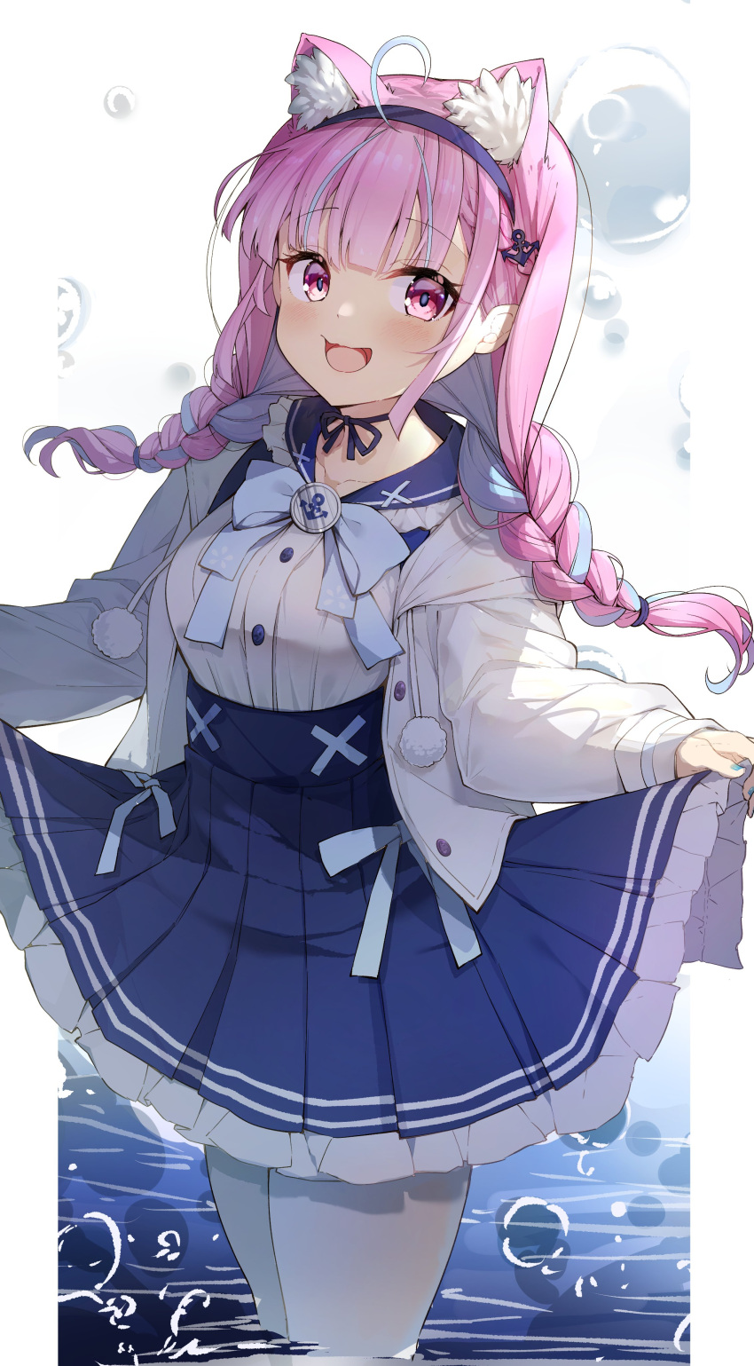 1girl :d absurdres ahoge air_bubble anchor_hair_ornament animal_ear_fluff animal_ears bangs blue_bow blue_choker blue_hair blue_hairband blue_nails blue_sailor_collar blue_skirt blush bow braid breasts bubble cat_ears choker commentary darjeeling_(reley) eyebrows_visible_through_hair frilled_sailor_collar frilled_skirt frills hair_ornament hairband high-waist_skirt highres hololive jacket long_sleeves looking_at_viewer medium_breasts minato_aqua multicolored_hair nail_polish open_clothes open_jacket open_mouth pantyhose pink_hair pleated_skirt red_eyes sailor_collar shirt skirt skirt_hold smile solo twin_braids twintails two-tone_hair virtual_youtuber wading water white_jacket white_legwear white_shirt