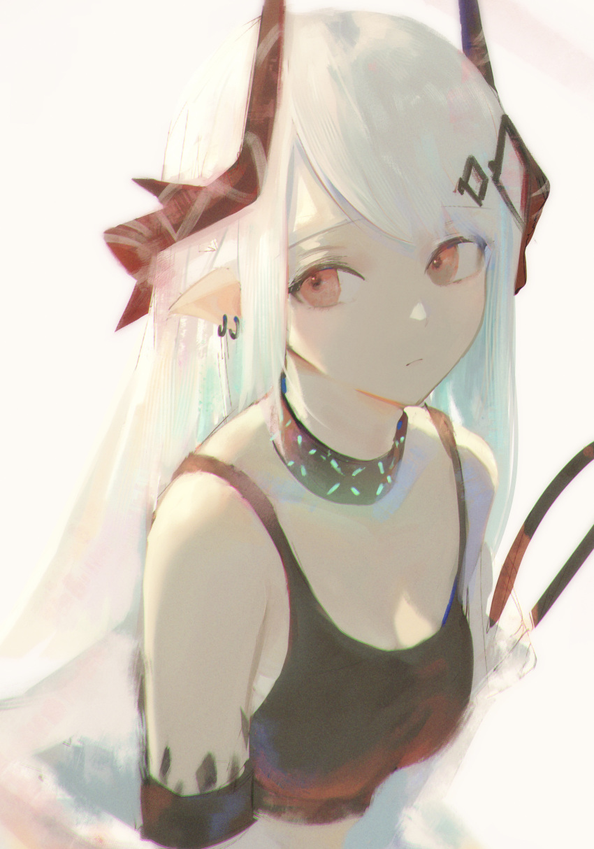 1girl 7ife absurdres arknights armband beige_background black_horns black_tank_top closed_mouth collarbone commentary crop_top ear_piercing english_commentary expressionless hair_ornament highres horns infection_monitor_(arknights) long_hair looking_at_viewer mudrock_(arknights) oripathy_lesion_(arknights) piercing pointy_ears red_eyes simple_background solo tank_top upper_body white_hair