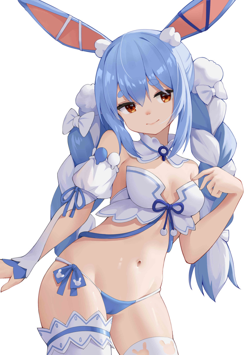 1girl absurdres adapted_costume animal_ears bare_shoulders bikini blue_bikini blue_hair bow braid breasts contrapposto cowboy_shot detached_sleeves groin hair_bow highres hololive long_hair looking_at_viewer mismatched_bikini navel qianqiu_wanxia rabbit_ears red_eyes side-tie_bikini simple_background single_detached_sleeve small_breasts smile solo standing stomach string_bikini swimsuit thick_eyebrows thigh-highs twin_braids twintails uneven_legwear usada_pekora very_long_hair virtual_youtuber white_background white_bikini white_legwear