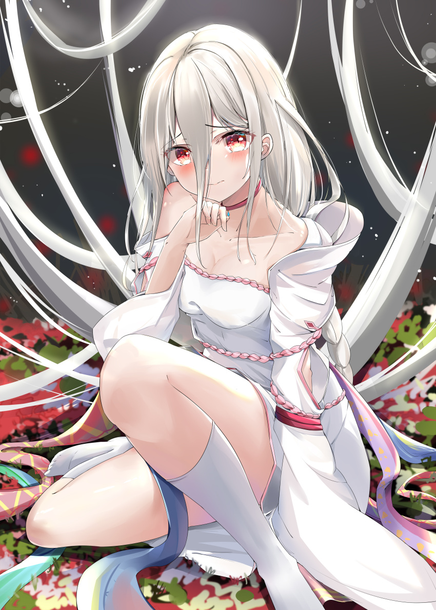 1girl absurdres blush braid breasts commentary_request extra_pupils hair_between_eyes highres hood hood_down hooded_dress kumo_desu_ga_nani_ka? kumoko_(kumo_desu_ga_nani_ka?) long_hair looking_at_viewer medium_breasts miun red_eyes shiraori single_braid sitting socks solo very_long_hair white_hair white_legwear