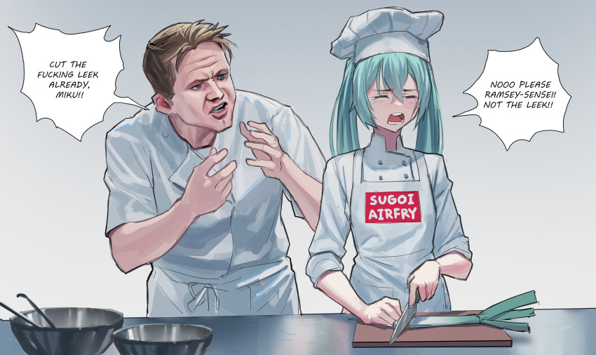 1boy 1girl aqua_hair arguing bangs blue_eyes blue_nails blush breasts chef chef_hat chef_uniform closed_eyes cooking crying cutting_board dialogue_box english_commentary english_text gordon_ramsay hat hatsune_miku hell's_kitchen highres knife leek long_hair open_mouth pot real_life screaming simple_background small_breasts sugoi_dekai vertigris vocaloid