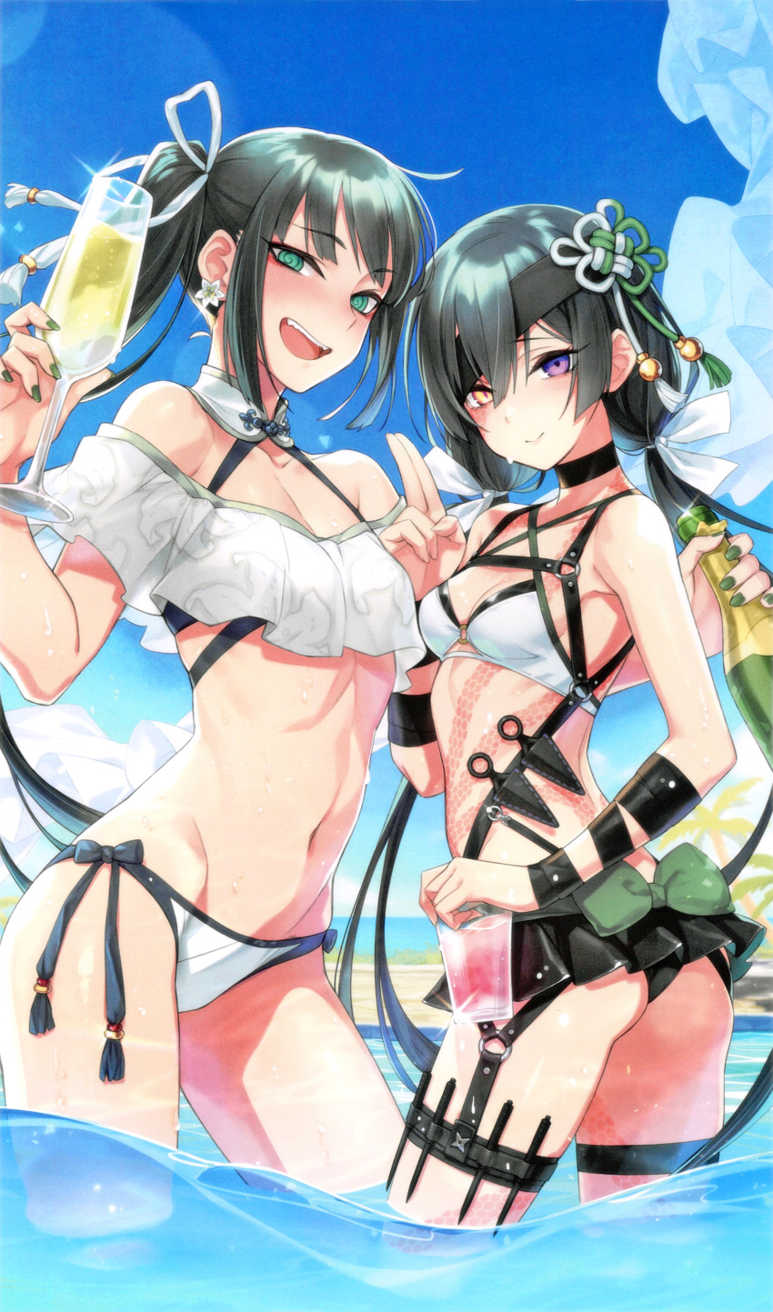 2girls :d @_@ absurdres alcohol alternate_hairstyle aqua_eyes ass back_bow bikini black_bikini black_bow black_hair black_neckwear blush bottle bow breasts choker closed_mouth cowboy_shot craft_essence cropped cup day drinking_glass drunk earrings eyebrows eyebrows_visible_through_hair eyelashes eyelashes_visible_through_hair fate/grand_order fate_(series) female_ass fingernails flower_earrings green_bow green_nails groin hair_bow heterochromia highres holding holding_cup holster jewelry jing_ke_(fate) kunai lens_flare long_hair looking_at_viewer low_twintails mochizuki_chiyome_(fate) multiple_girls nail_polish navel non-web_source official_art open_mouth outdoors partially_submerged ponytail saitou_hiroki scan side-tie_bikini sideboob sidelocks sky small_breasts smile snake_tattoo soaking_feet standing swimsuit thigh_holster twintails violet_eyes wading water water_shine weapon white_bikini white_bow wine_bottle yellow_eyes