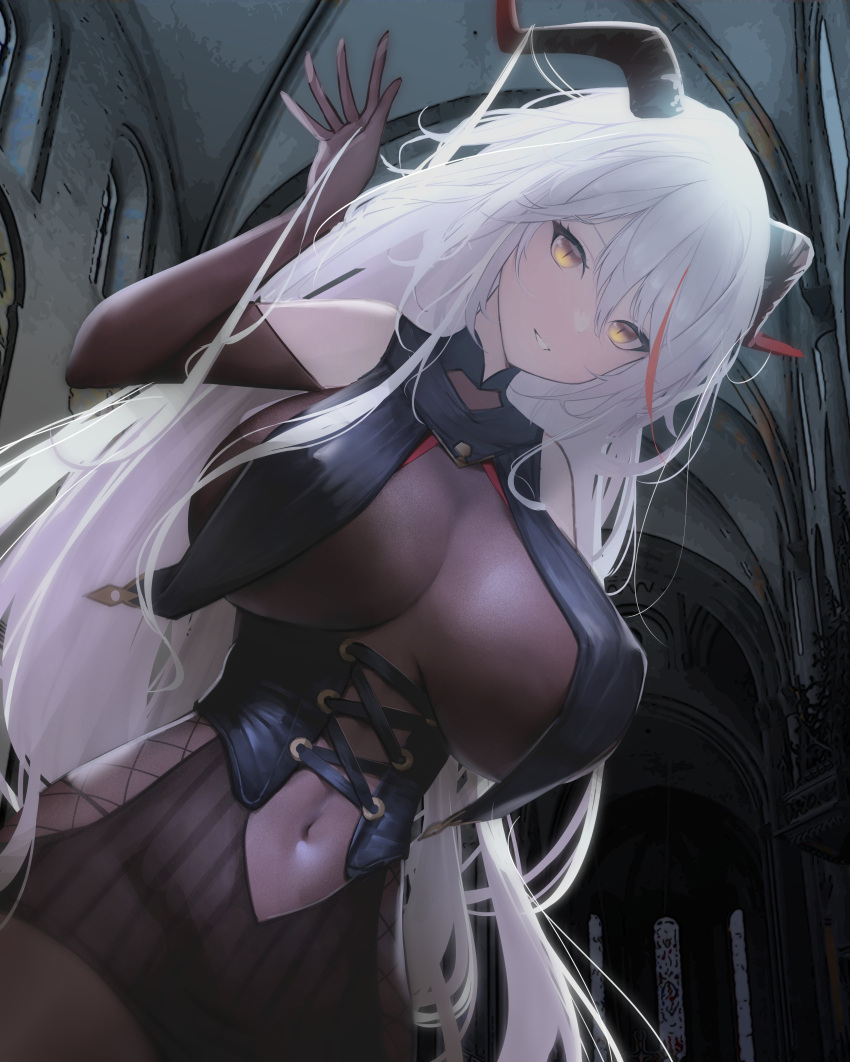 1girl absurdres aegir_(azur_lane) azur_lane bangs bare_shoulders bbolalus black_cape bodystocking breast_curtains breasts cape cathedral clothing_cutout demon_horns dutch_angle highres horns indoors large_breasts long_hair multicolored_hair navel_cutout streaked_hair very_long_hair white_hair world_of_warships yellow_eyes