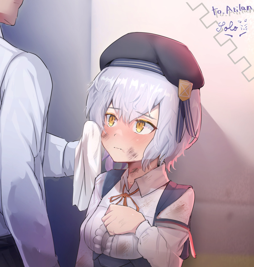 1boy 1girl absurdres beret blush breasts commander_(girls_frontline) commission girls_frontline hat height_difference highres medium_breasts mixed-language_commentary short_hair silver_hair six12_(girls_frontline) solo_focus solokitsune wiping_face yellow_eyes