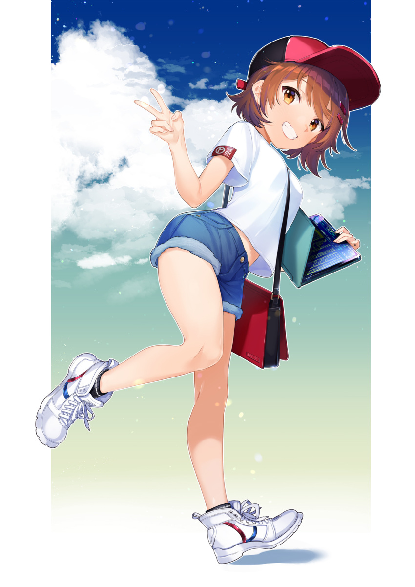 1girl bag bangs baseball_cap brown_eyes brown_hair full_body hair_ornament hairclip handbag hat highres nokachoco114 programming_live_broadcast pronama-chan second-party_source shirt shoes short_hair shorts sky sneakers solo v white_footwear white_shirt