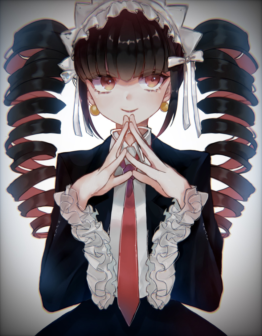 1girl absurdres bangs black_hair blunt_bangs bonnet celestia_ludenberg closed_mouth collared_shirt cowboy_shot dangan_ronpa:_trigger_happy_havoc dangan_ronpa_(series) drill_hair earrings fingers_together frilled_sleeves frills gothic_lolita gradient gradient_background grey_background gumi_(nwke4453) highres jewelry lolita_fashion long_hair long_sleeves looking_at_viewer necktie own_hands_together red_eyes shiny shiny_hair shirt smile solo twin_drills twintails white_shirt