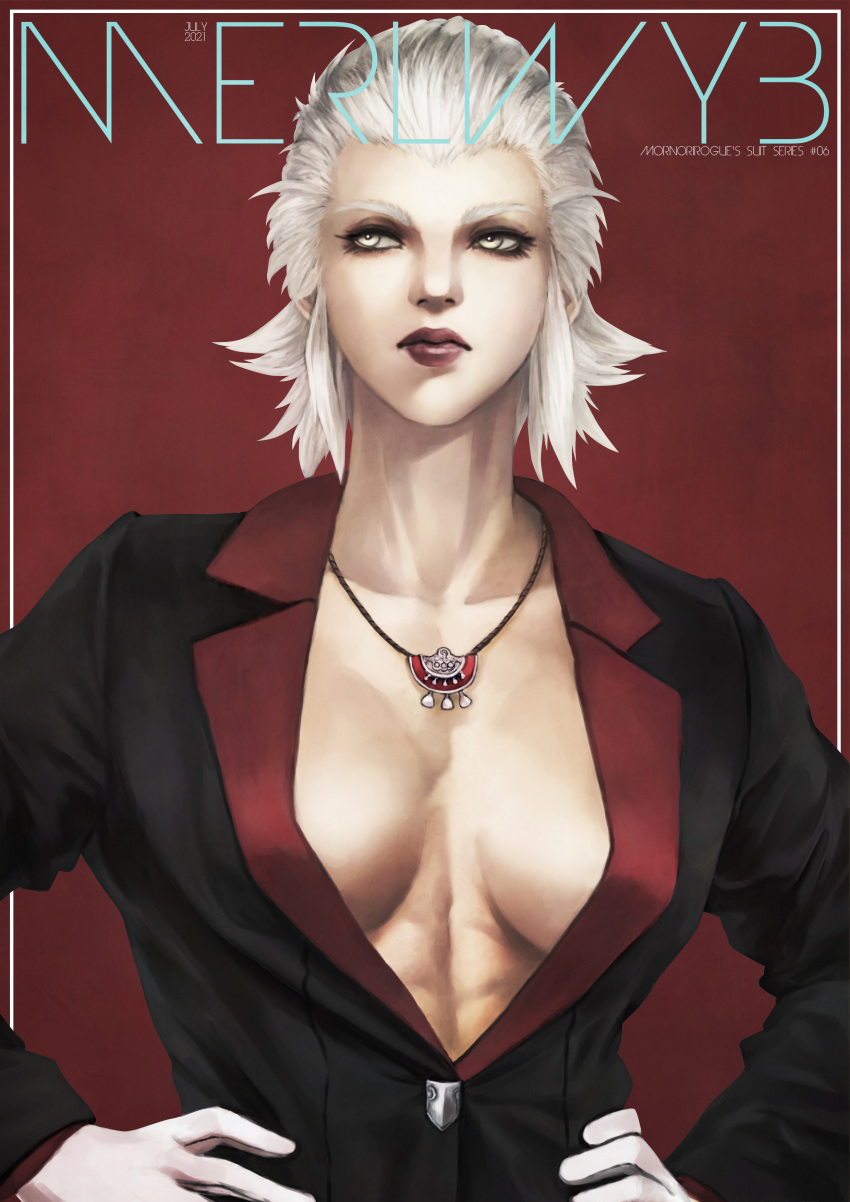 1girl absurdres breasts character_name final_fantasy final_fantasy_xiv grey_eyes hands_on_hips highres jewelry lips looking_to_the_side medium_breasts merlwyb_bloefhiswyn monori_rogue necklace plunging_neckline red_background roegadyn short_hair solo suit_jacket uncensored upper_body white_hair
