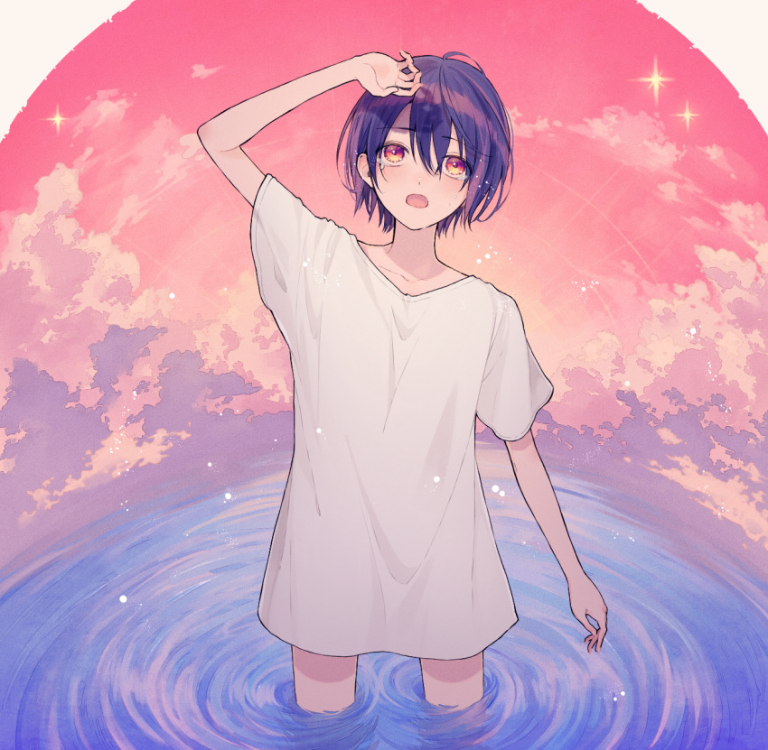 arm_up bangs blush chisumi commentary english_commentary eyebrows_visible_through_hair hair_between_eyes highres open_mouth original purple_hair red_eyes ripples shirt short_sleeves standing tears water white_shirt wide_sleeves