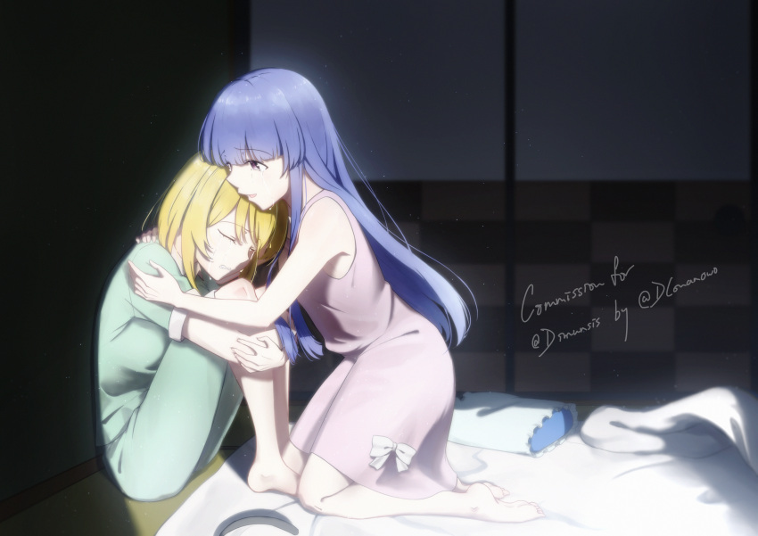 2girls :d absurdres bare_arms bare_legs barefoot blonde_hair blue_hair blurry blurry_background clenched_teeth closed_eyes commission crying crying_with_eyes_open dconan_owo dress furude_rika green_pants green_shirt highres higurashi_no_naku_koro_ni houjou_satoko hugging_own_legs indoors kneeling light_particles long_hair multiple_girls open_mouth pajamas pants pink_dress shiny shiny_hair shirt short_dress short_hair sitting sleeveless sleeveless_dress smile soles straight_hair tears teeth twitter_username very_long_hair yuri