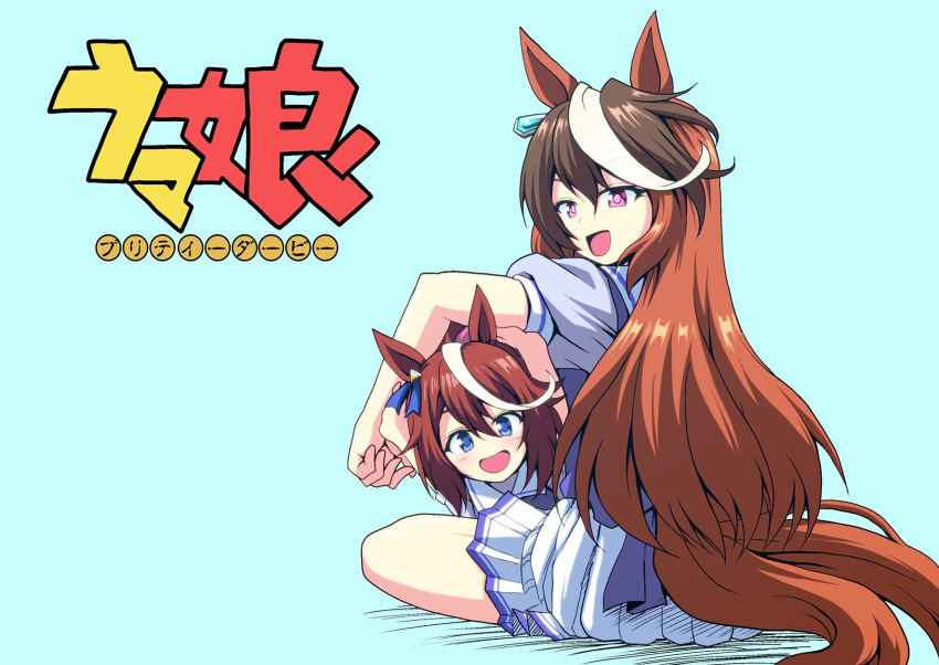 2girls animal_ears blue_background blue_eyes brown_hair dragon_ball dragon_ball_z earrings from_behind high_ponytail highres horse_ears horse_girl horse_tail jewelry kamishima_kanon long_hair looking_at_viewer looking_back multicolored_hair multiple_girls open_mouth parody pleated_skirt purple_shirt sailor_collar sailor_shirt school_uniform shirt simple_background sitting skirt smile streaked_hair summer_uniform symboli_rudolf_(umamusume) tail tokai_teio_(umamusume) tracen_school_uniform two-tone_hair umamusume violet_eyes white_hair white_sailor_collar white_skirt younger