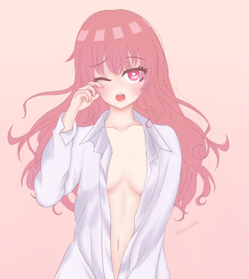 1girl bangs blush breasts collared_shirt hair_between_eyes highres long_hair looking_at_viewer louise_francoise_le_blanc_de_la_valliere md5_mismatch no_bra open_clothes open_mouth pink_eyes pink_hair shirt sleepy small_breasts sute1shya tsundere wavy_hair wavy_mouth white_shirt zero_no_tsukaima