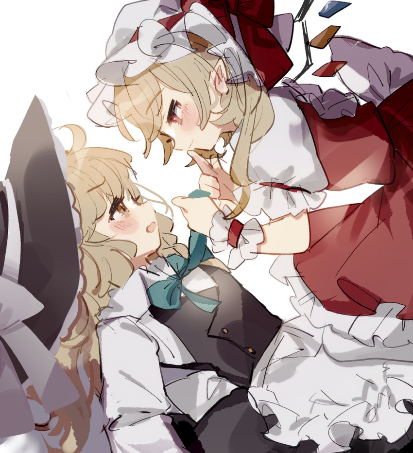2girls apron black_headwear black_skirt black_vest blonde_hair blush bow crystal finger_to_mouth flandre_scarlet from_side green_neckwear hat hat_bow highres kirisame_marisa long_hair long_sleeves looking_at_another mob_cap multiple_girls neckwear_grab open_mouth pointy_ears red_bow red_skirt red_vest shirt short_sleeves simple_background skirt smile sorani_(kaeru0768) touhou upper_body vest waist_apron white_background white_bow white_shirt wings witch_hat wrist_cuffs yellow_eyes