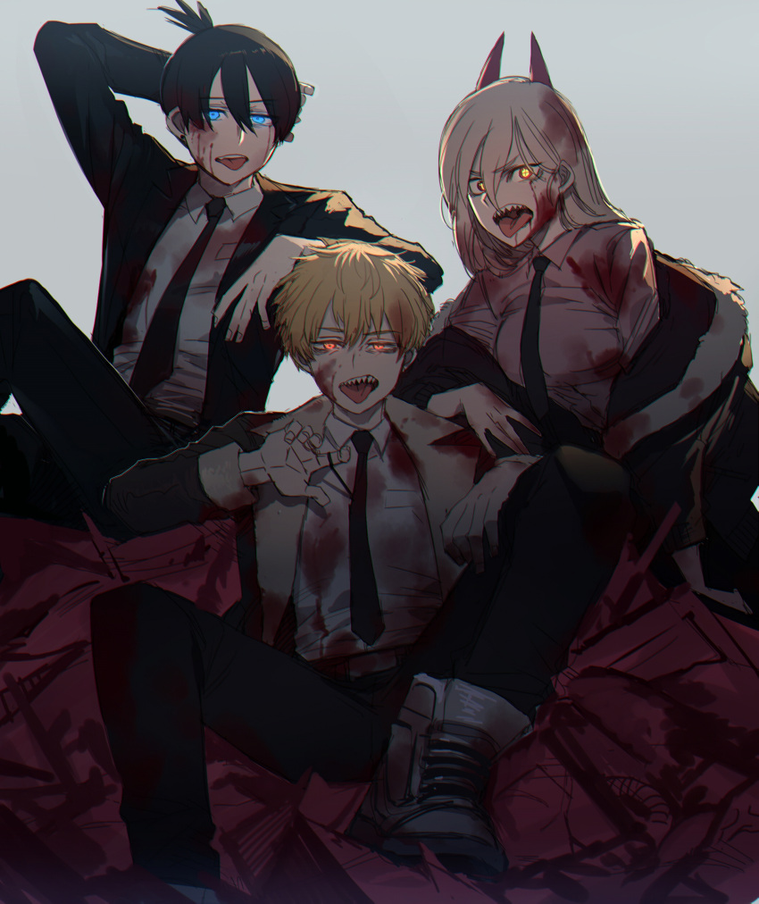 +_+ 1girl 2boys absurdres black_hair black_jacket black_neckwear black_pants blonde_hair blood bloody_clothes blue_eyes boots chainsaw_man denji_(chainsaw_man) glowing glowing_eyes grey_background grey_footwear hair_between_eyes hayakawa_aki_(chainsaw_man) highres horns jacket long_hair long_sleeves looking_at_viewer multiple_boys necktie open_mouth orange_eyes pants power_(chainsaw_man) ratatatat74 sharp_teeth shirt simple_background teeth tongue tongue_out topknot white_shirt yellow_eyes