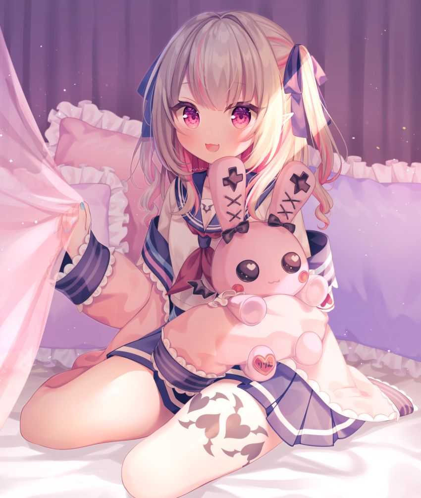 1girl :d aqua_nails black_ribbon blush child eyebrows_visible_through_hair fang frilled_pillow frills grey_hair hair_ribbon heart heart_tattoo highres holding holding_stuffed_toy jacket komachi_pochi looking_at_viewer makaino_ririmu multicolored_hair nail_polish neckerchief nijisanji off_shoulder open_clothes open_jacket open_mouth pillow pink_hair pink_jacket pleated_skirt pointy_ears red_eyes red_neckwear revision ribbon sailor_collar school_uniform serafuku shirt sitting skin_fang skirt smile solo stuffed_animal stuffed_bunny stuffed_toy tattoo thigh_tattoo two-tone_hair two_side_up virtual_youtuber white_shirt yokozuwari