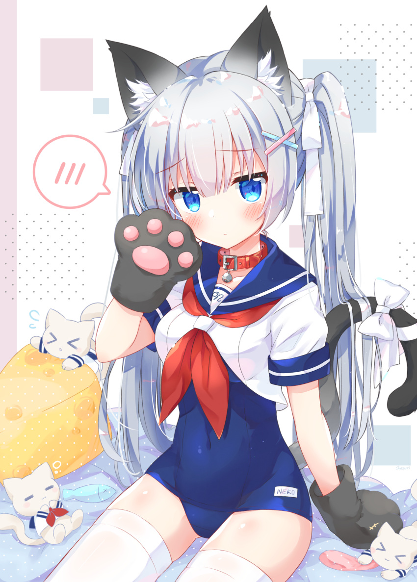 1girl animal_ear_fluff animal_ears bangs bell blue_eyes blue_sailor_collar blush bow cat_ears collar commentary_request covered_navel eyebrows_visible_through_hair gloves grey_hair hair_ornament hairclip highres looking_at_viewer neck_bell neckerchief original paw_gloves paws red_neckwear ribbon sailor_collar school_swimsuit shirt silver_hair swimsuit tail tail_bow tail_ornament tail_ribbon twintails white_legwear white_shirt yukine