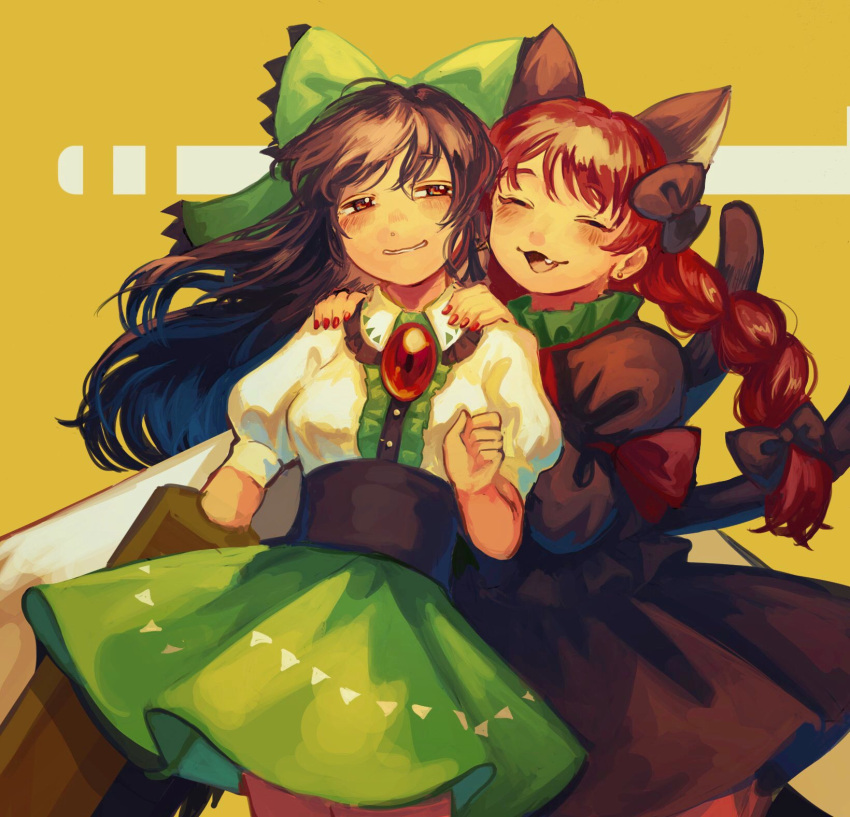 2girls :3 animal_ears arm_cannon arm_garter bangs black_bow black_dress black_hair blouse blush bow braid buttons cat_ears center_frills closed_eyes cowboy_shot dress earrings extra_ears eyebrows_visible_through_hair fang frilled_shirt_collar frills green_bow green_skirt hair_bow half-closed_eyes hand_up hands_on_another's_shoulders high-waist_skirt highres jewelry juliet_sleeves kaenbyou_rin long_hair long_sleeves multiple_girls multiple_tails popped_collar puffy_short_sleeves puffy_sleeves red_bow red_eyes redhead reiuji_utsuho short_sleeves skirt smile tail third_eye touhou traditional_media twin_braids two_tails washman711 wavy_mouth weapon white_blouse