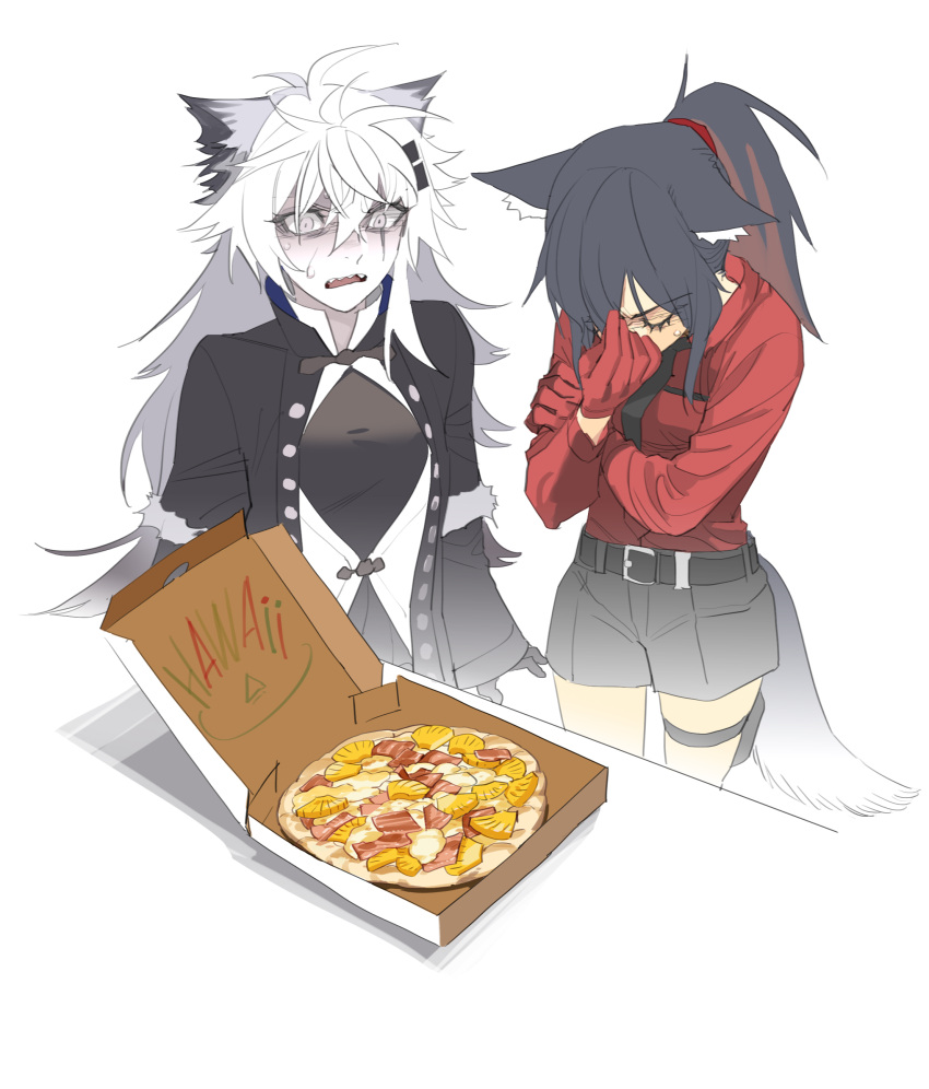 2girls absurdres animal_ears arknights belt black_belt black_gloves black_hair black_jacket black_neckwear black_shirt black_shorts chinese_commentary closed_eyes colored_inner_hair commentary cowboy_shot food gloves grey_eyes hairband hawaiian_pizza highres horrified jacket lappland_(arknights) lappland_(refined_horrormare)_(arknights) messy_hair multicolored_hair multiple_girls no_jacket official_alternate_costume open_clothes open_jacket open_mouth pale_skin pizza ponytail red_gloves red_hairband red_shirt redhead shaded_face shirt shorts simple_background sweat tail texas_(arknights) texas_(willpower)_(arknights) thigh_strap white_background white_hair wolf_ears wolf_girl wolf_tail yuyanshu13
