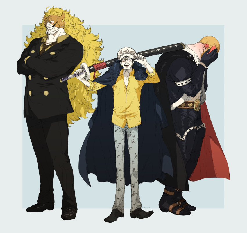 3boys absurdres beard big_hair blonde_hair blush boots closed_eyes closed_mouth collared_shirt cosplay covered_face crossed_arms diez_barrels embarrassed facial_hair facing_viewer formal full-face_blush full_body gloves hands_on_own_face hat height_difference highres holding holding_sword holding_weapon jacket long_hair long_sleeves male_focus mature_male multiple_boys mustache necktie one_piece open_mouth over_shoulder pants sanji sanji_(cosplay) scabbard sheath sheathed shirt shiso_i4 shoes short_hair sideburns smile standing suit suit_jacket sword thigh-highs thigh_boots trafalgar_law trafalgar_law_(cosplay) very_long_hair very_short_hair vinsmoke_judge weapon weapon_over_shoulder wing_collar x_drake x_drake_(cosplay)