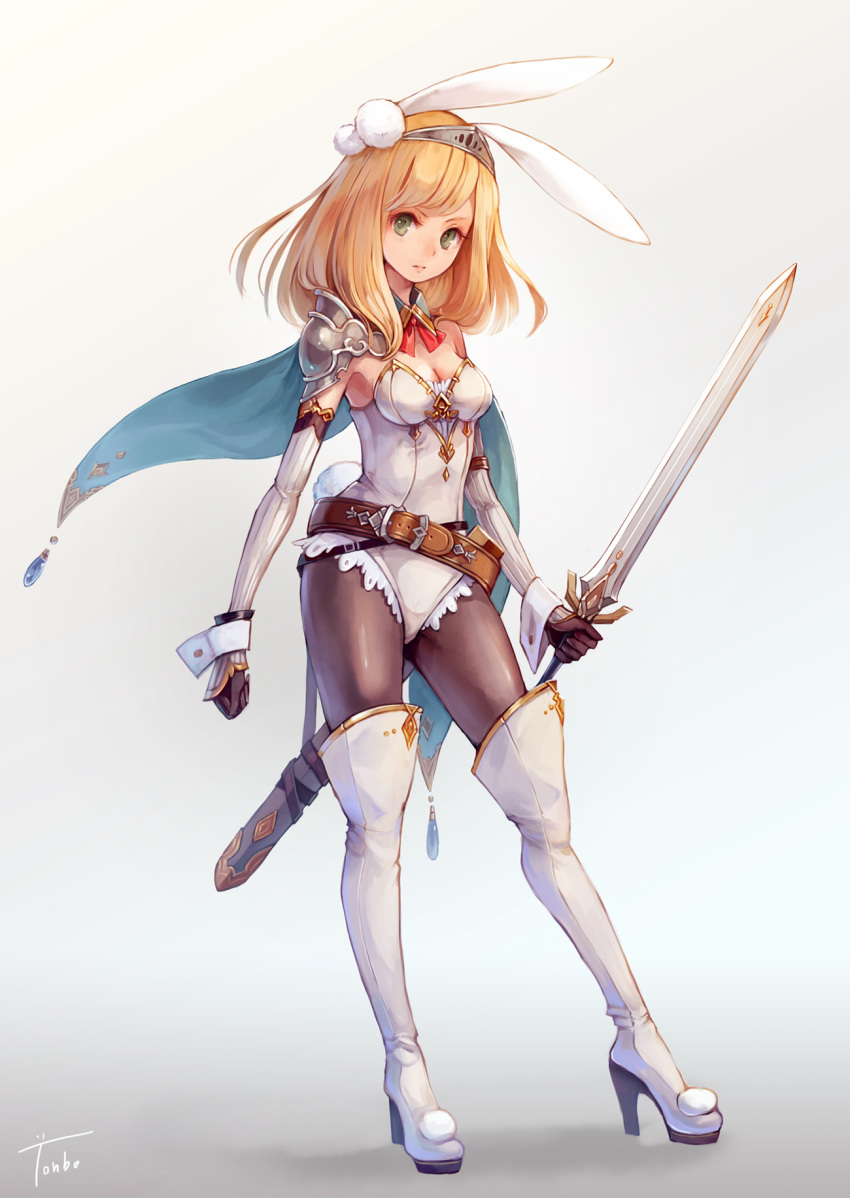 1girl aka_tonbo_(lovetow) animal_ears armor artist_name boots breasts bunny_tail capelet commentary_request elbow_gloves fake_animal_ears fake_tail gloves high_heel_boots high_heels highres leotard long_hair looking_at_viewer original pantyhose pauldrons rabbit_ears shoulder_armor signature single_pauldron solo standing sword tail thigh-highs thigh_boots tiara weapon