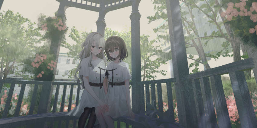 2girls absurdres belt belt_buckle black_belt black_eyes black_legwear blush brown_eyes brown_hair buckle building character_request chihuri commentary_request day dress feet_out_of_frame flower grey_hair highres long_hair multiple_girls on_bench outdoors pantyhose parted_lips red_flower red_rose rose sailor_collar short_sleeves sitting tree very_long_hair vocaloid white_dress white_sailor_collar yuri