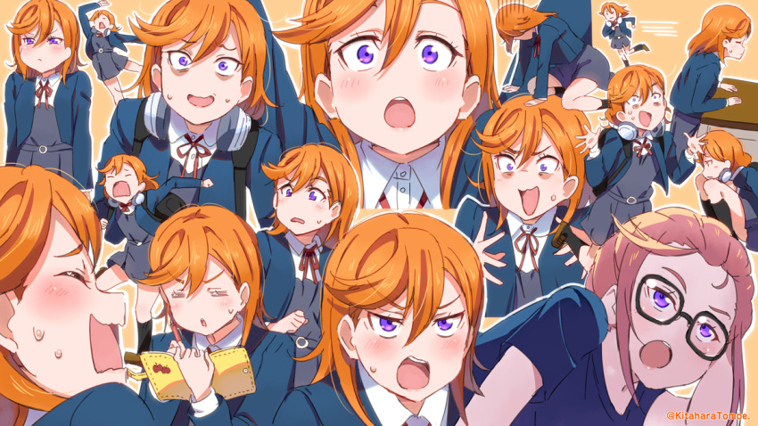 1girl black-framed_eyewear blazer commentary_request desk glasses headphones headphones_around_neck jacket kitahara_tomoe_(kitahara_koubou) long_hair long_sleeves love_live! love_live!_superstar!! multiple_views notebook orange_hair school_desk school_uniform shibuya_kanon surprised sweatdrop twitter_username violet_eyes writing yuigaoka_school_uniform