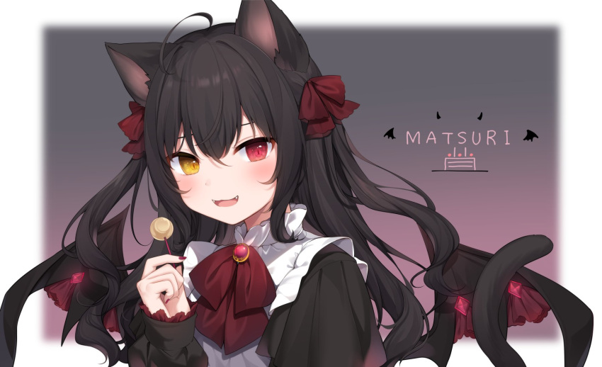 1girl :d ahoge amashiro_natsuki animal_ear_fluff animal_ears bat_wings black_hair black_shirt black_wings bow brooch candy cat_ears cat_girl cat_tail commentary_request copyright_request fangs food hair_bow hand_up heterochromia highres holding holding_candy holding_food holding_lollipop jewelry lollipop long_hair long_sleeves nail_polish open_mouth puffy_long_sleeves puffy_sleeves purple_nails red_bow red_eyes shirt smile solo tail tail_raised two_side_up upper_body very_long_hair wings yellow_eyes