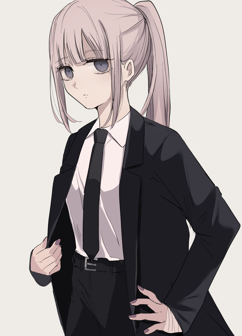 1girl bandaged_hands bandages bangs belt belt_buckle black_belt black_jacket black_neckwear black_pants brown_hair buckle closed_mouth collared_shirt eyebrows_visible_through_hair formal grey_background grey_eyes hand_on_hip highres jacket long_hair long_sleeves looking_at_viewer necktie open_clothes open_jacket original pant_suit pants ponytail shirt sidelocks simple_background sleeves_past_wrists solo suit tsuruse white_shirt