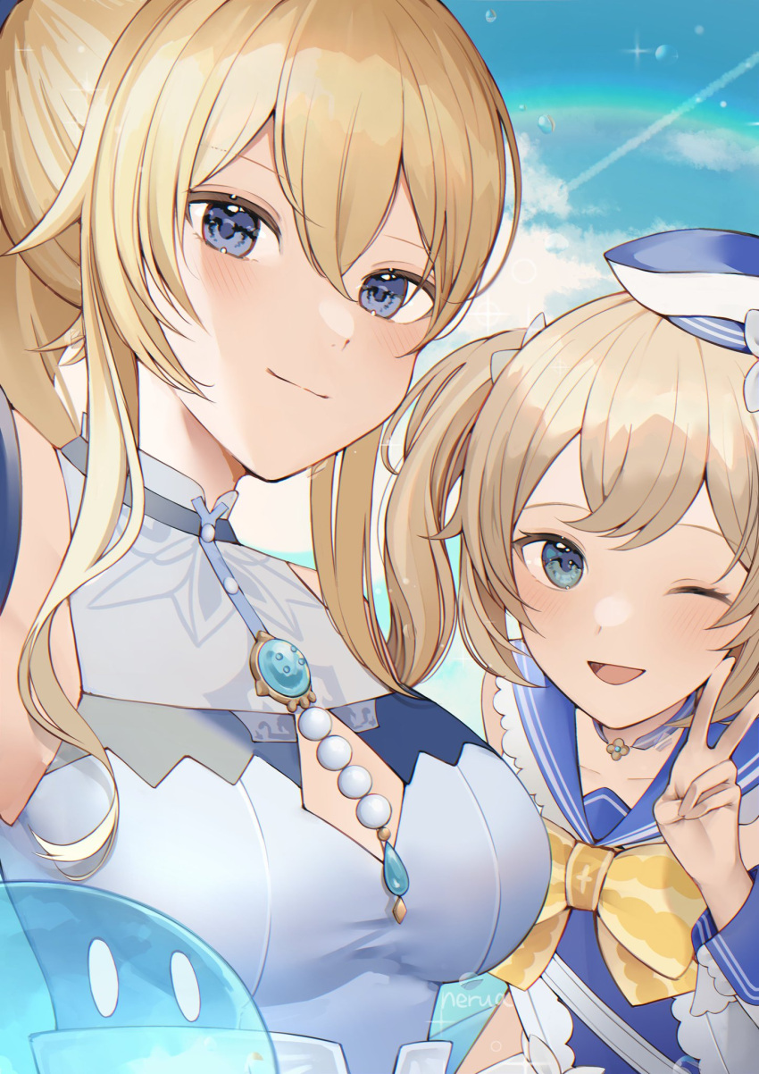 2girls barbara_(genshin_impact) barbara_(summertime_sparkle)_(genshin_impact) bare_shoulders blonde_hair blouse blue_blouse blue_eyes blue_sky blush bow breasts choker genshin_impact hat highres jean_(genshin_impact) jean_(sea_breeze_dandelion)_(genshin_impact) long_sleeves looking_at_viewer medium_breasts multiple_girls nerua one_eye_closed open_mouth ponytail sailor_collar sailor_hat siblings sisters sky slime_(genshin_impact) smile swimsuit twintails upper_body v yellow_bow