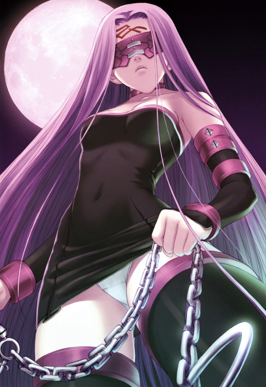 1girl absurdres armpits bare_shoulders black_dress blindfold breasts chain collar collarbone detached_sleeves dress facing_viewer fate/stay_night fate_(series) from_below highres long_hair medium_breasts medusa_(fate) medusa_(rider)_(fate) navel panties pantyshot purple_hair scan solo strapless strapless_dress thigh-highs thighhighs tony_taka underwear very_long_hair white_panties