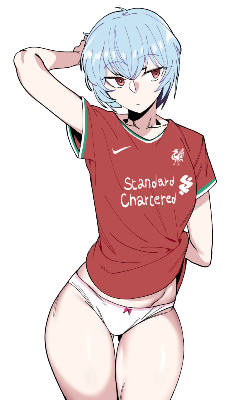 1girl ass_visible_through_thighs ayanami_rei blue_hair bow bow_panties clothes_writing contrapposto cowboy_shot expressionless eyebrows_visible_through_hair flat_chest highres jersey liverpool_fc looking_to_the_side nike no_pants panties pink_panties premier_league red_eyes red_shirt shirt short_hair solo standing thigh_gap thighs underwear urec waking_up white_background