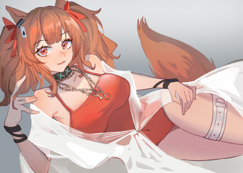 1girl absurdres angelina_(arknights) angelina_(summer_flowers)_(arknights) animal_ears arknights black_collar breasts brown_hair collar collarbone covered_navel fox_ears fox_girl fox_tail grey_background highres huge_filesize infection_monitor_(arknights) jewelry large_breasts long_hair looking_at_viewer lying necklace official_alternate_costume on_side one-piece_swimsuit open_mouth red_eyes red_swimsuit see-through shirt solo swimsuit tail tanya_(tanyaya) thigh_strap thighs twintails white_shirt