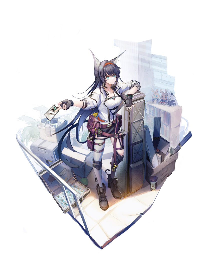 1girl absurdres amiya_(arknights) animal_ear_fluff animal_ears arknights bangs belt black_footwear black_gloves black_hair black_skirt blaze_(arknights) blue_eyes boots breasts briefcase buckle cat_ears cat_girl cat_tail character_doll chest_belt fingerless_gloves floating_hair full_body gloves grey_legwear hairband headset highres holding infection_monitor_(arknights) jacket knee_pads kneehighs lappland_(arknights) large_breasts long_hair looking_at_viewer lungmen_dollar multiple_straps name_tag open_clothes open_jacket polaris_(user_rdgx7257) popped_collar pouch purple_legwear red_hairband shoulder_strap sidelocks single_kneehigh single_thighhigh skirt smile solo stuffed_animal stuffed_bunny stuffed_toy tail tank_top texas_(arknights) thigh-highs thigh_strap underbust uneven_legwear very_long_hair weapon_case white_jacket white_tank_top wristband
