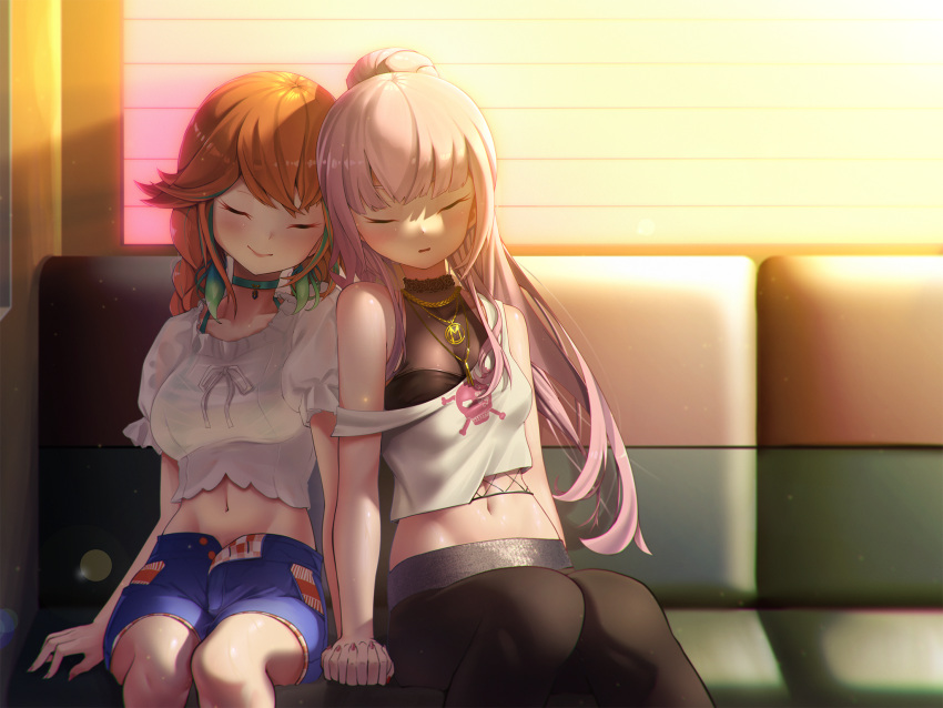 2girls bangs black_legwear blue_shorts blush braid breasts closed_eyes dictiony earrings feather_earrings feathers frilled_shirt frills highres holding_hands hololive hololive_english jewelry leggings medium_breasts mori_calliope multiple_girls navel necklace orange_hair pink_hair ponytail shirt shorts sitting sleeping takanashi_kiara train_interior twin_braids virtual_youtuber white_shirt yuri