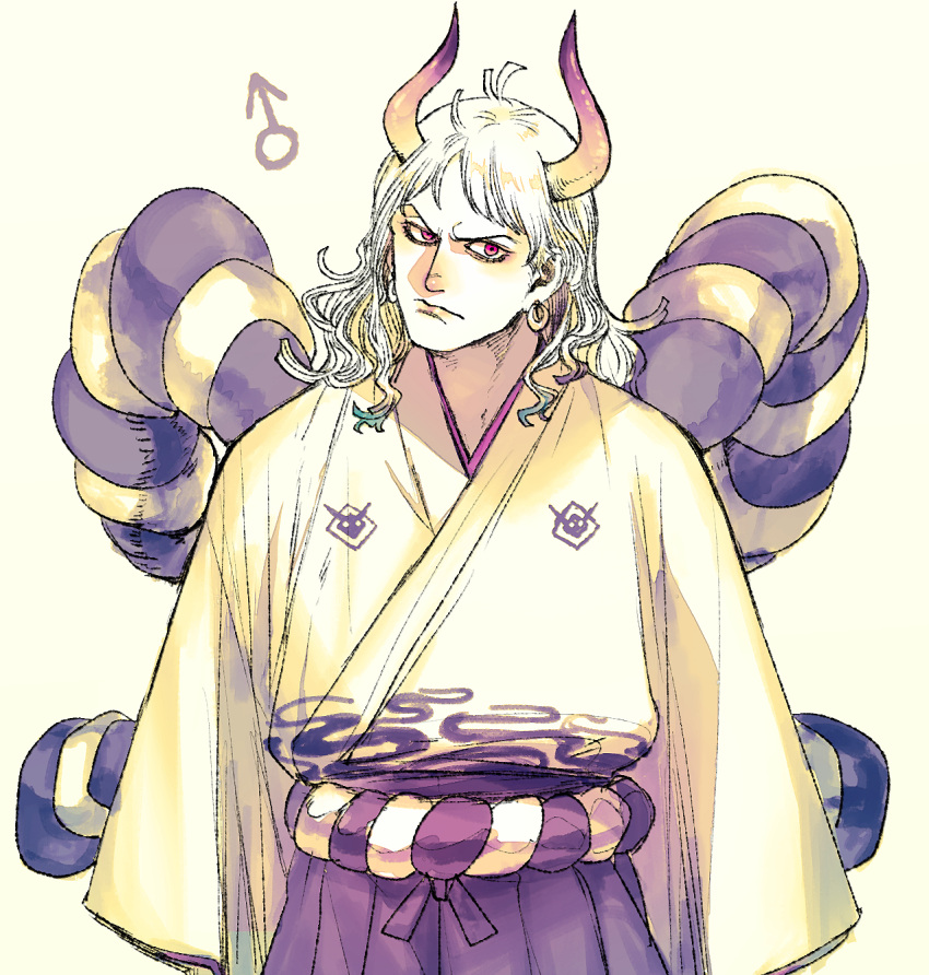 1boy arms_at_sides closed_mouth curled_horns earrings genderswap genderswap_(ftm) hakama head_tilt highres horns japanese_clothes jewelry kimono long_hair long_sleeves looking_at_viewer male_focus mars_symbol multicolored_horns one_piece oni raised_eyebrow rope shimenawa shiso_i4 solo v-shaped_eyebrows yamato_(one_piece)